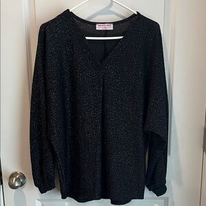 Black Metallic V Neck Long Sleeve Top